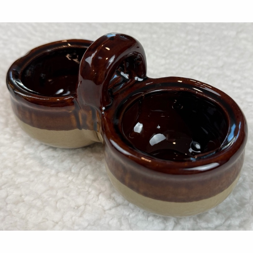 (VTG) Brown/Tan Ceramic Double Condiment Caddy Dish with Spoon - Picture 11 of 15